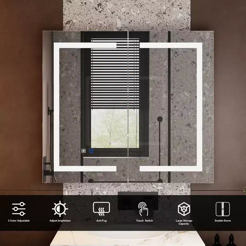 White Anti-Fog Bathroom Medicine Cabinet with Lights and Two Mirror Doors