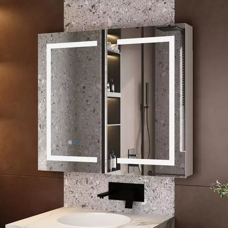 White Anti-Fog Bathroom Medicine Cabinet with Lights and Two Mirror Doors