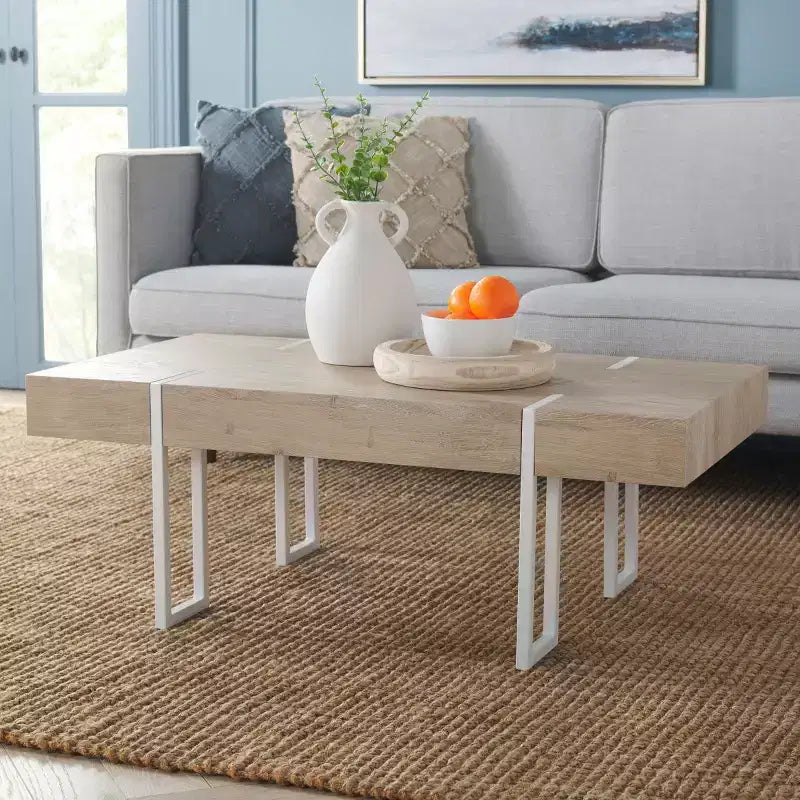 Rectangle Coffee Table | Brown Wood Veneer Top | Iron Loop Leg Frame | Holds 110 lbs