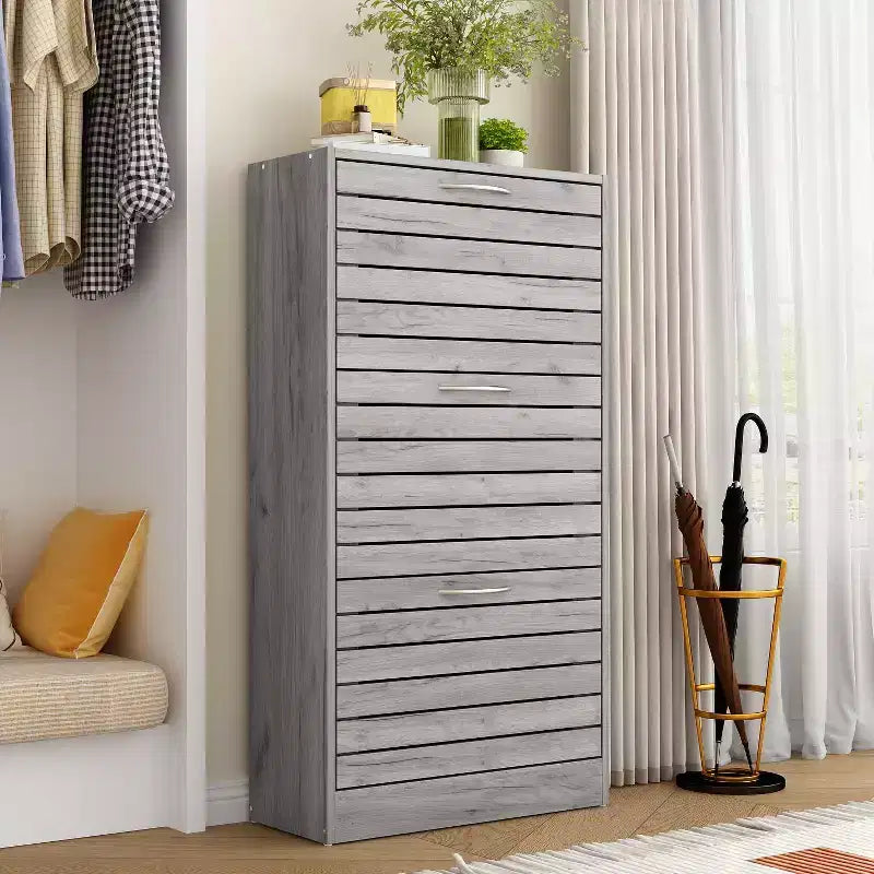 Wood Grain Design Shoe Cabinet Entryway Shoe Rack 3 Tier Shelves