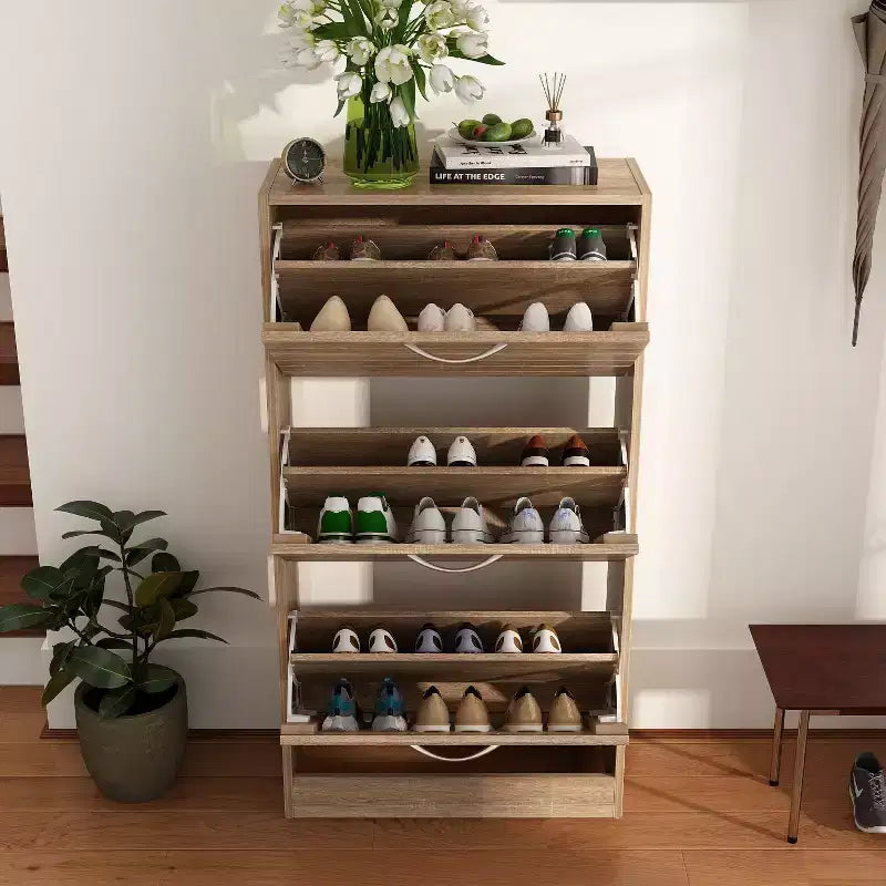 Wood Grain Design Shoe Cabinet Entryway Shoe Rack 3 Tier Shelves