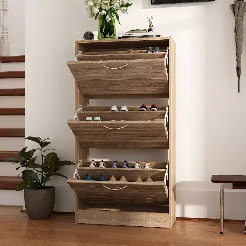 Wood Grain Design Shoe Cabinet Entryway Shoe Rack 3 Tier Shelves