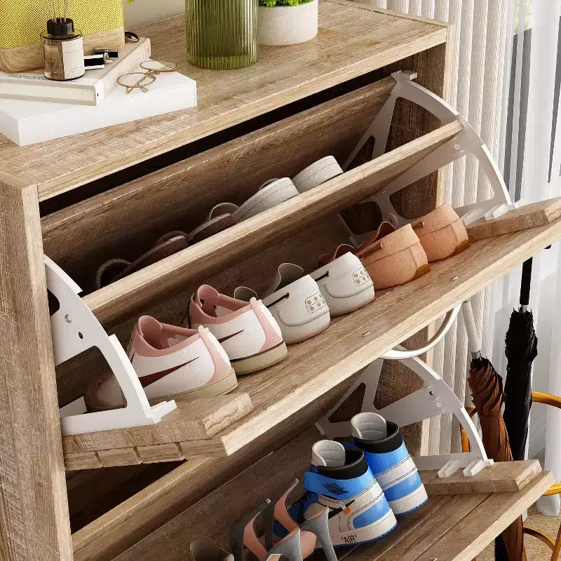 Wood Grain Design Shoe Cabinet Entryway Shoe Rack 3 Tier Shelves