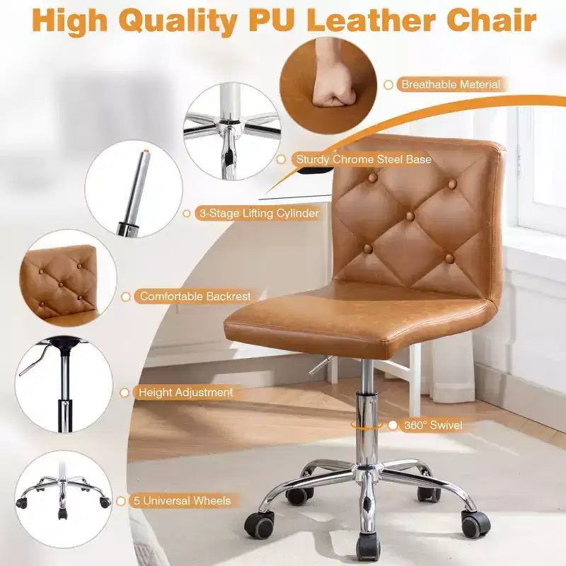 PU Leather Modern Office Computer Chair with Upholstery and Adjustable Metal Base, Mid-Back Armless Swivel Office Chairs