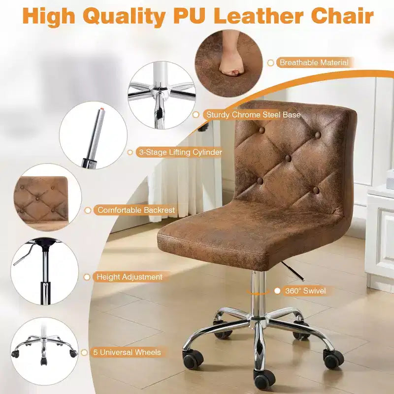 PU Leather Modern Office Computer Chair with Upholstery and Adjustable Metal Base, Mid-Back Armless Swivel Office Chairs