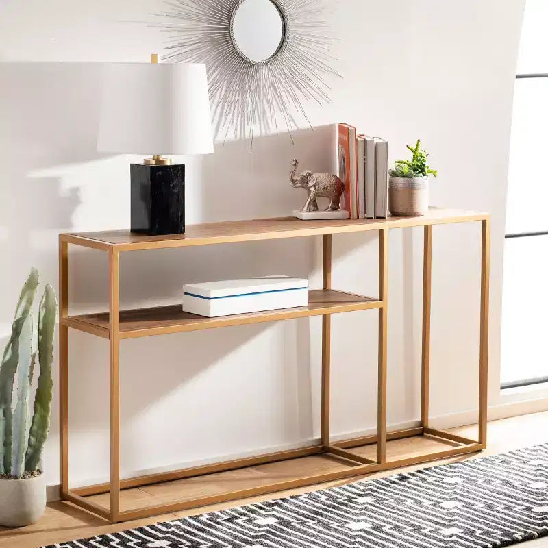 Console Table with Open Shelf — Modern Gold Frame, Staggered Tiers