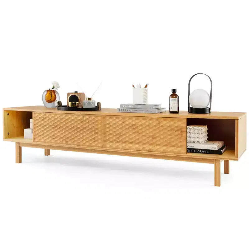 63 Bamboo TV Stand with 3 Storage Cubes Sliding Doors Mid Century Storage Cabinet