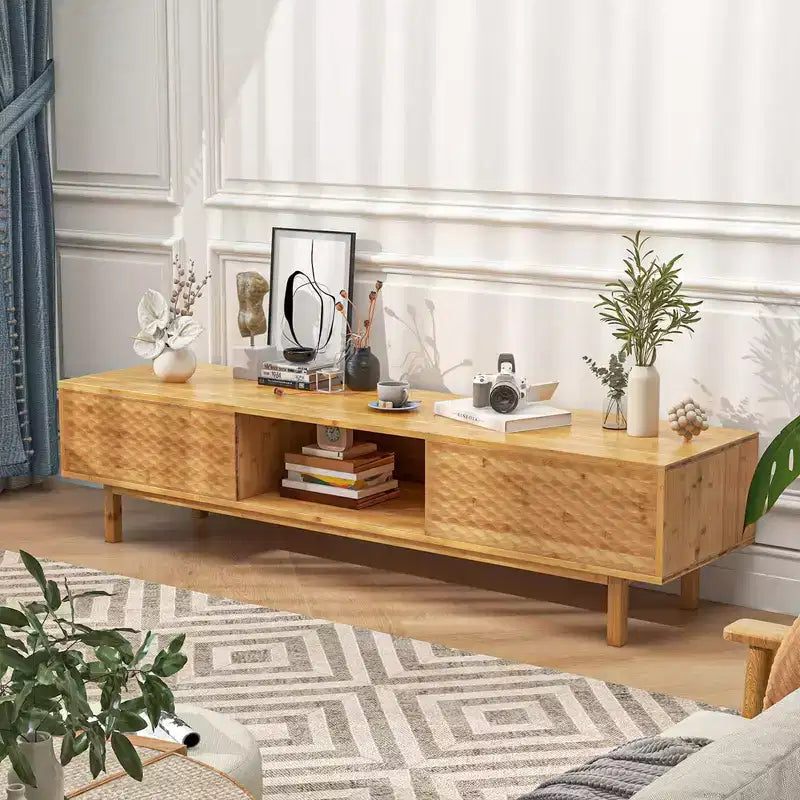 63 Bamboo TV Stand with 3 Storage Cubes Sliding Doors Mid Century Storage Cabinet