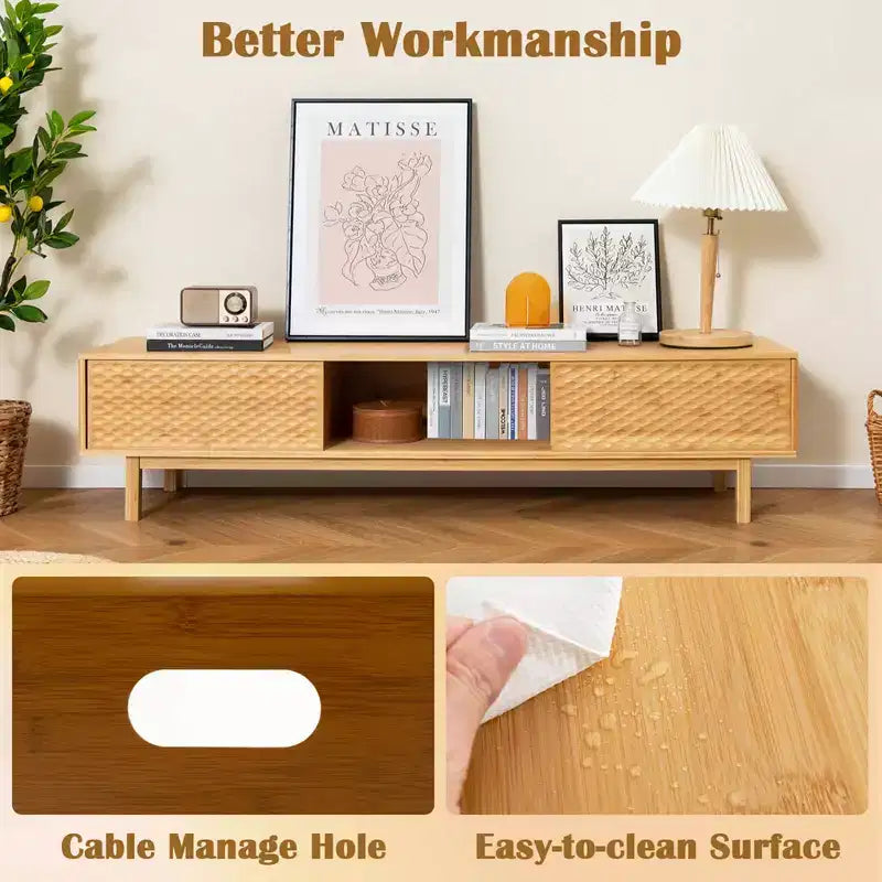 63 Bamboo TV Stand with 3 Storage Cubes Sliding Doors Mid Century Storage Cabinet