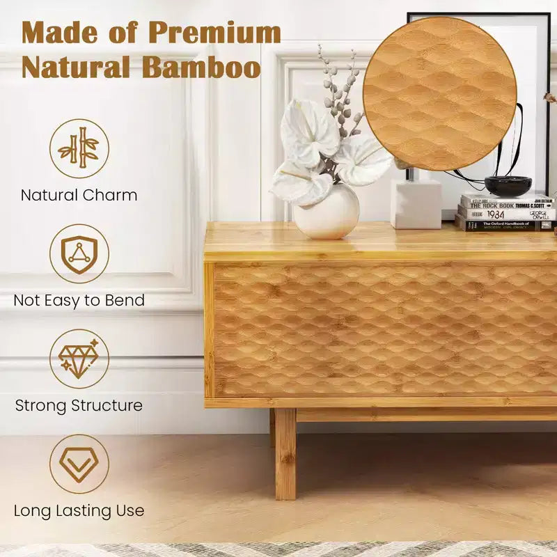 63 Bamboo TV Stand with 3 Storage Cubes Sliding Doors Mid Century Storage Cabinet
