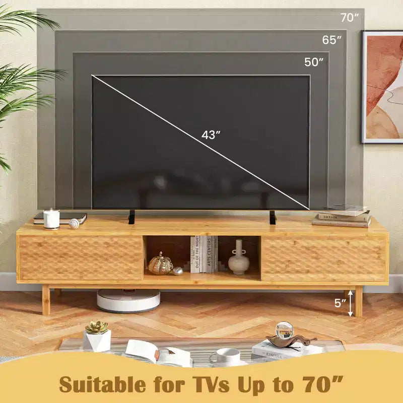 63 Bamboo TV Stand with 3 Storage Cubes Sliding Doors Mid Century Storage Cabinet
