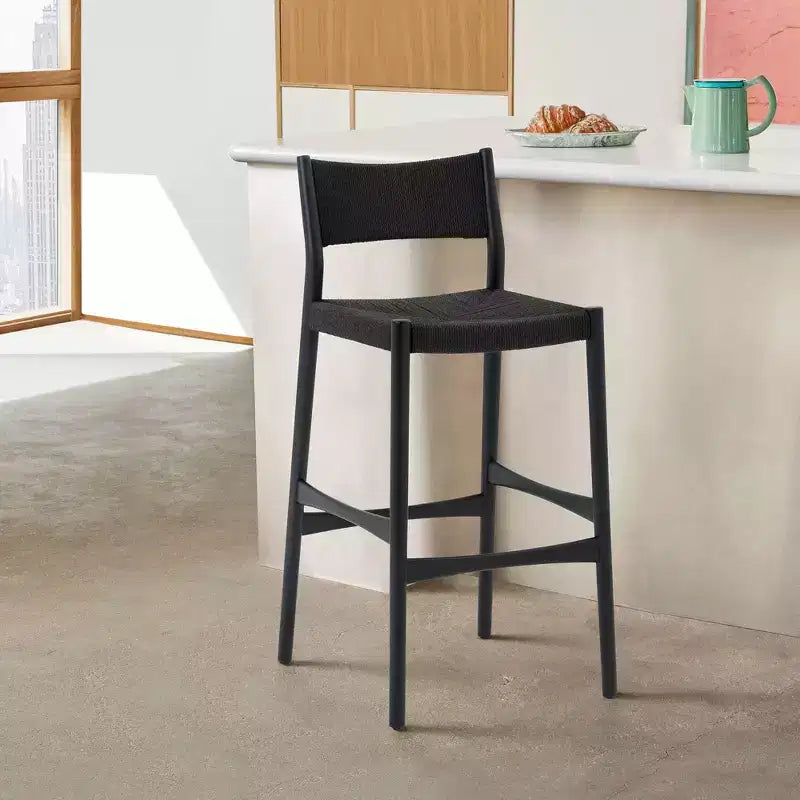 Woven Paper Cord and Wood Counter Height Barstool