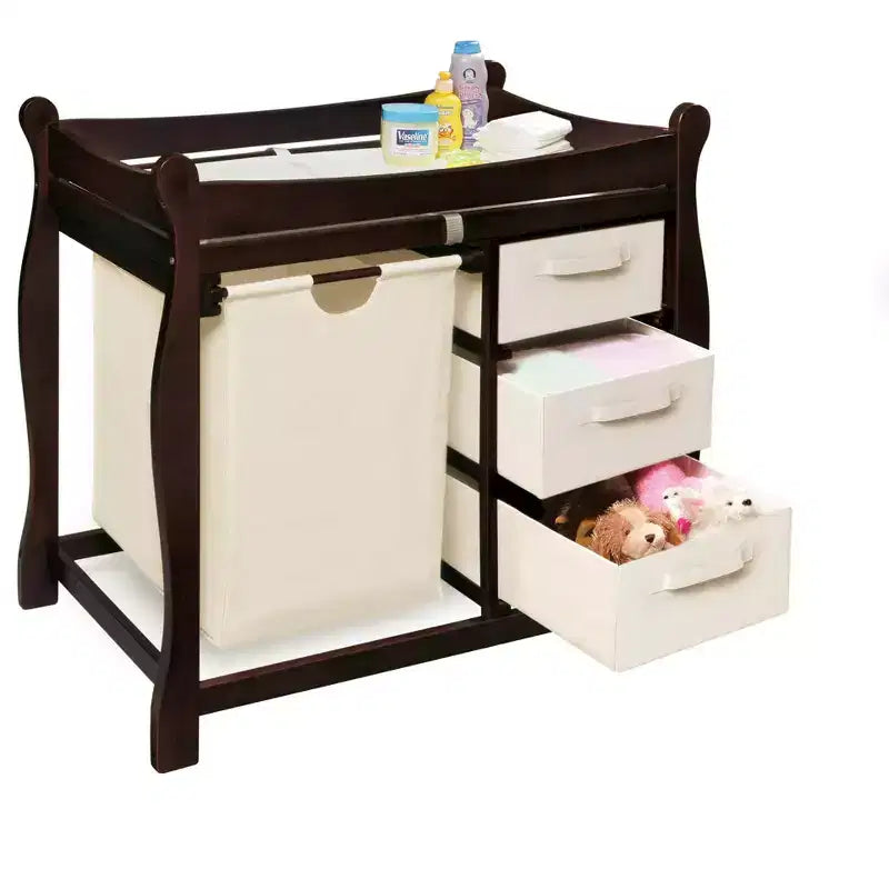 Badger Basket Sleigh Style Baby Changing Table with Hamper and 3 Baskets - Espresso