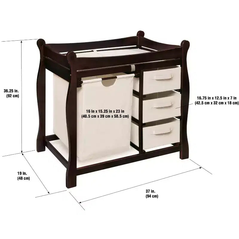 Badger Basket Sleigh Style Baby Changing Table with Hamper and 3 Baskets - Espresso