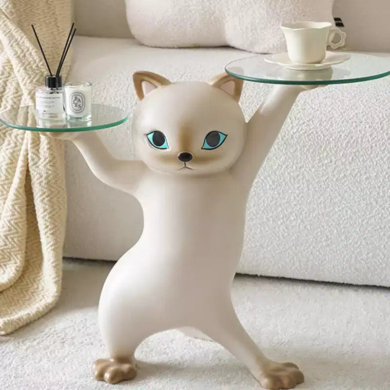 ERGONOMIC,Enchanting Cat Side Table,23.87W x 7.87D x 19.69H,Glass Tray