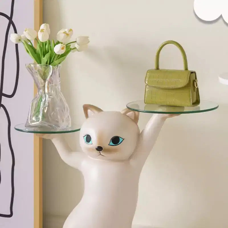 ERGONOMIC,Enchanting Cat Side Table,23.87W x 7.87D x 19.69H,Glass Tray