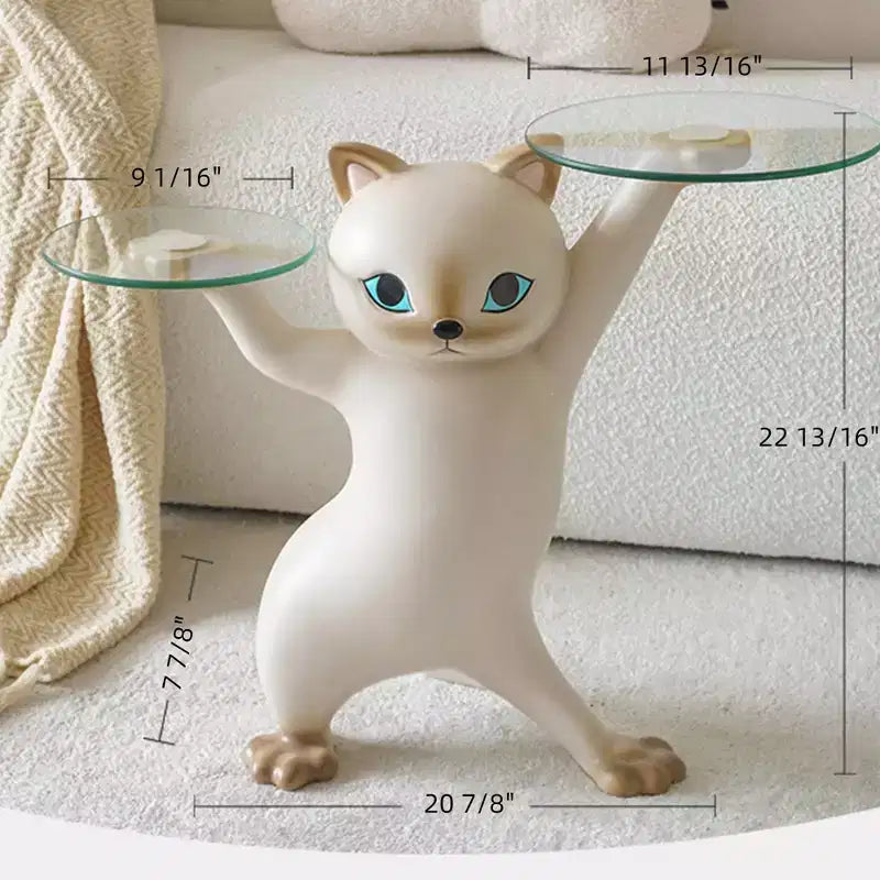 ERGONOMIC,Enchanting Cat Side Table,23.87W x 7.87D x 19.69H,Glass Tray