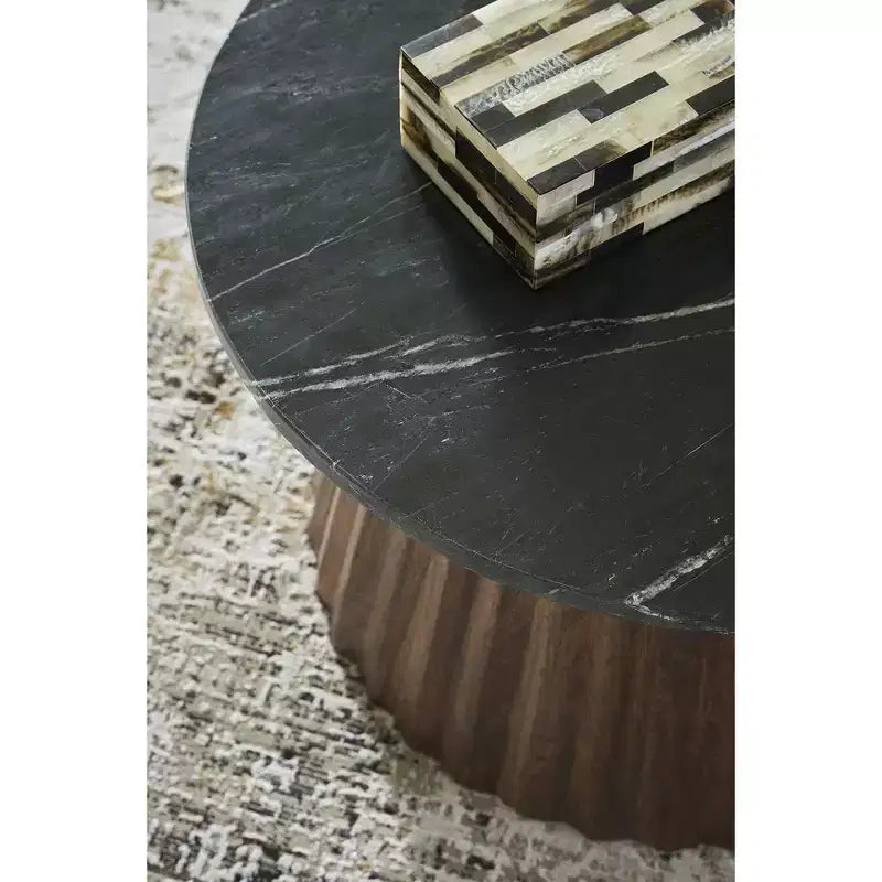 Round Coffee Table with Marble Top, Black/Brown